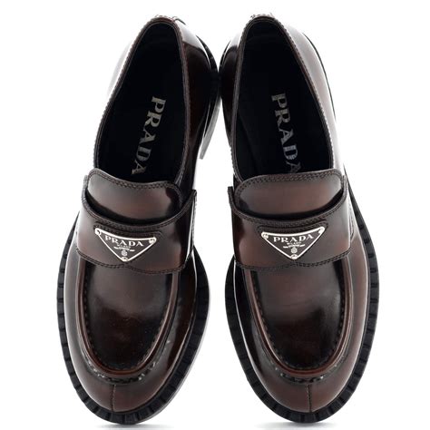 prada spazzolato prin|Prada spazzolato logo leather loafers.